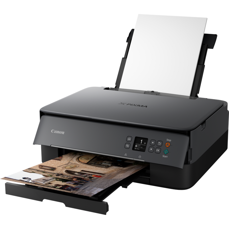 Canon PIXMA TS5350 Wireless Colour All in One Inkjet Photo Printer, Black Product Front Slant View With Paper Tray Out And Paper Support