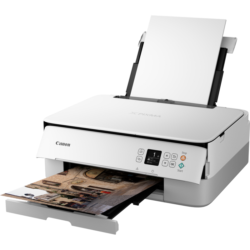 Canon PIXMA TS5351 Tintenstrahl-Multifunktionssystem, Weiß Produkt Schrägansicht von vorne mit ausgeklapptem Papierfach und Papierstütze