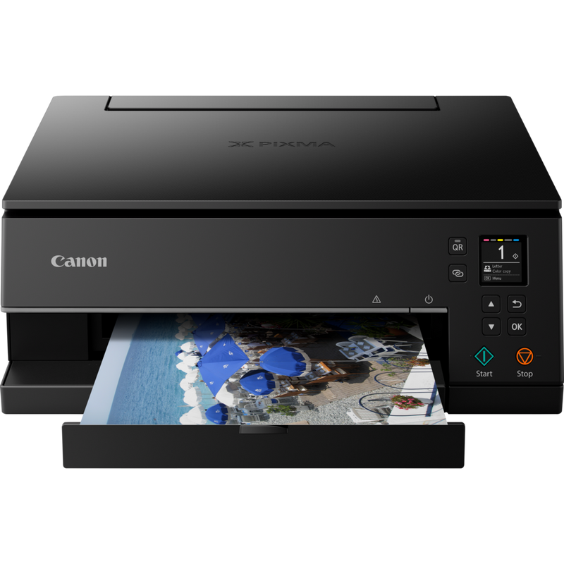 Canon PIXMA TS6350 Wireless Colour All in One Inkjet Photo Printer, Black Product Front View With Paper Tray Out
