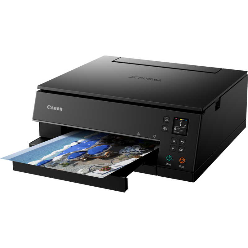 Canon PIXMA TS6350 Wireless Colour All in One Inkjet Photo Printer, Black Product Front Slant View With Paper Tray Out