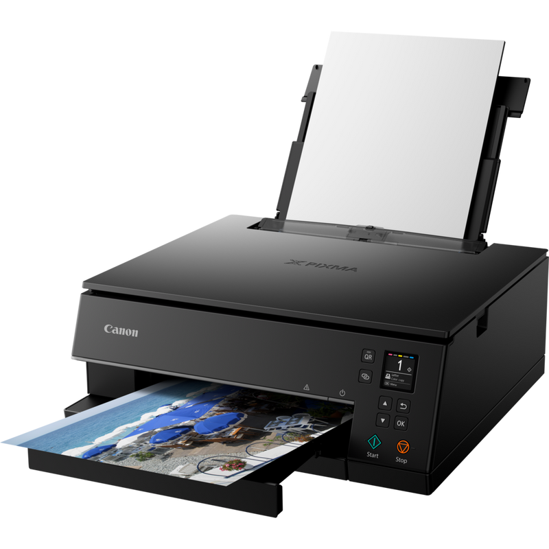 Canon PIXMA TS6350 Wireless Colour All in One Inkjet Photo Printer, Black Product Front Slant View With Paper Tray Out And Paper Support