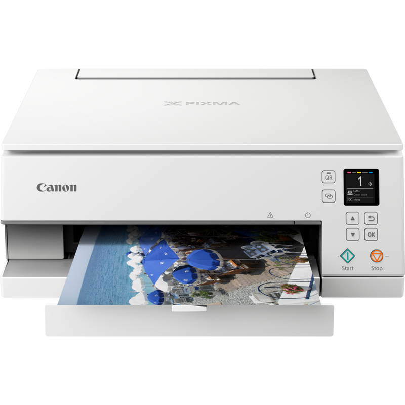Canon PIXMA TS6351 Wireless Colour All in One Inkjet Photo Printer, White Product Front View With Paper Tray Out