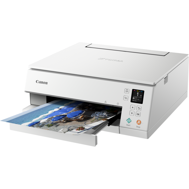 Canon PIXMA TS6351 Wireless Colour All in One Inkjet Photo Printer, White Product Front Slant View With Paper Tray Out