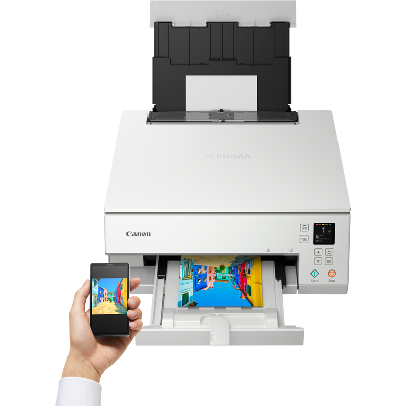 Canon PIXMA TS6351 Wireless Colour All in One Inkjet Photo Printer, White Product Front View With A Person Printing From a Smartphone