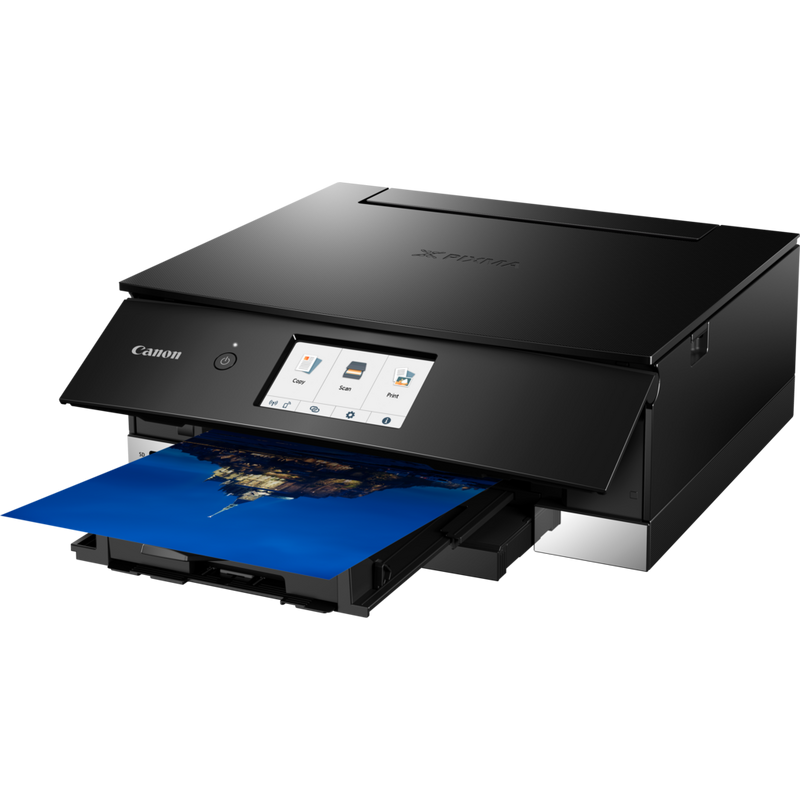 Canon PIXMA TS8350 Wireless Colour All in One Inkjet Photo Printer, Black Product Front Slant View With Paper Tray Out