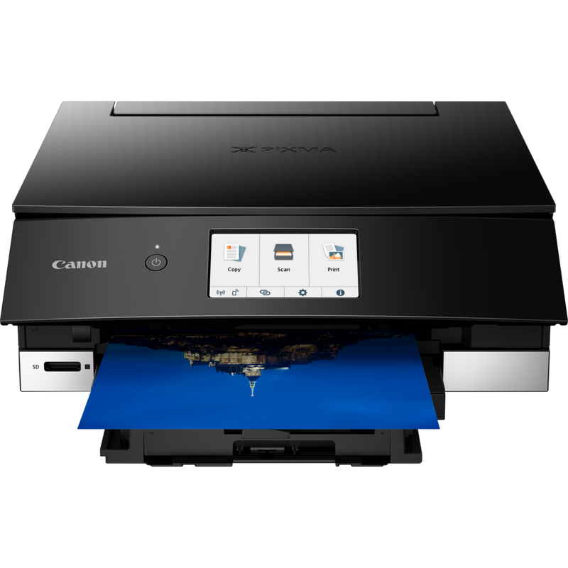 Canon PIXMA TS8350 Wireless Colour All in One Inkjet Photo Printer, Black Product Front View With Paper Tray Out