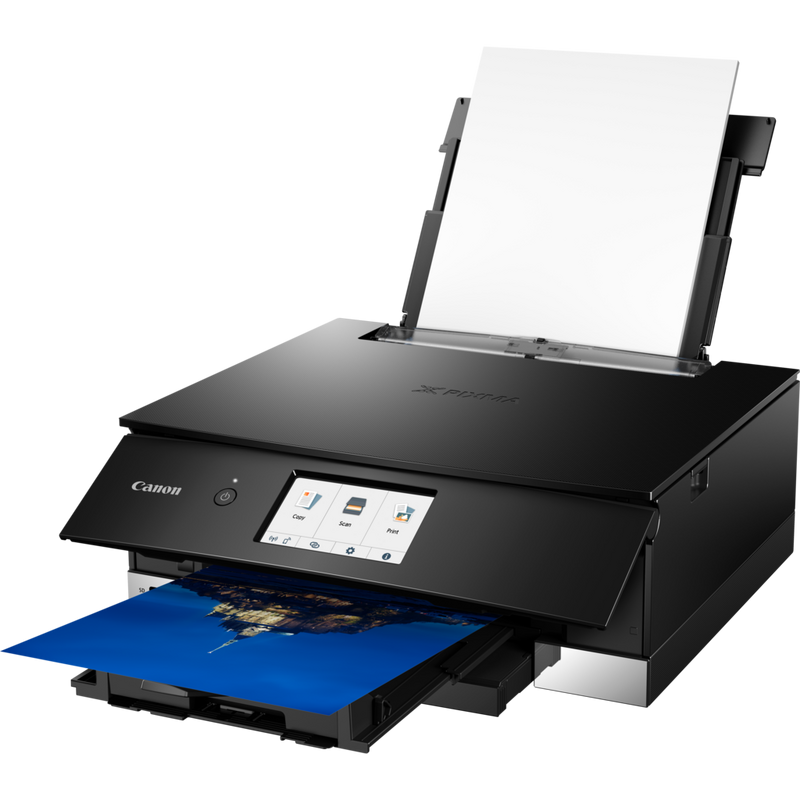 Canon PIXMA TS8350 Wireless Colour All in One Inkjet Photo Printer, Black Product Front Slant View With Paper Tray Out And Paper Support