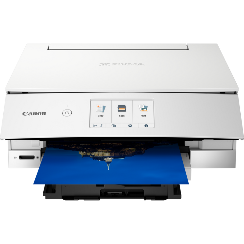 Canon PIXMA TS8351 Wireless Colour All in One Photo Printer, White Produkt Sett forfra med papirskuff åpen