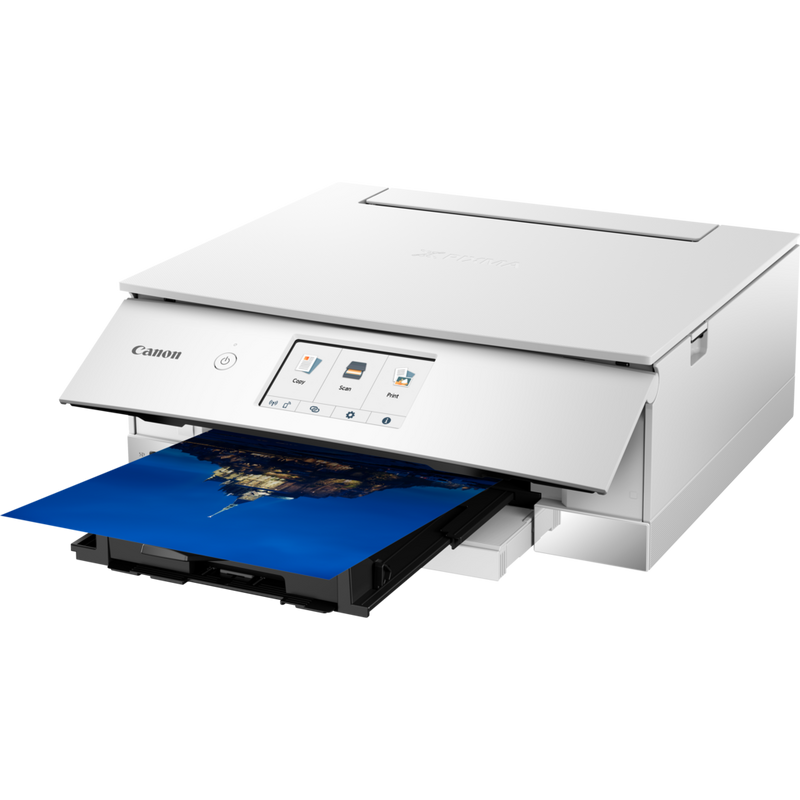 Canon PIXMA TS8351 Wireless Colour All in One Photo Printer, White Produkt Sett skrått forfra med papirskuff åpen