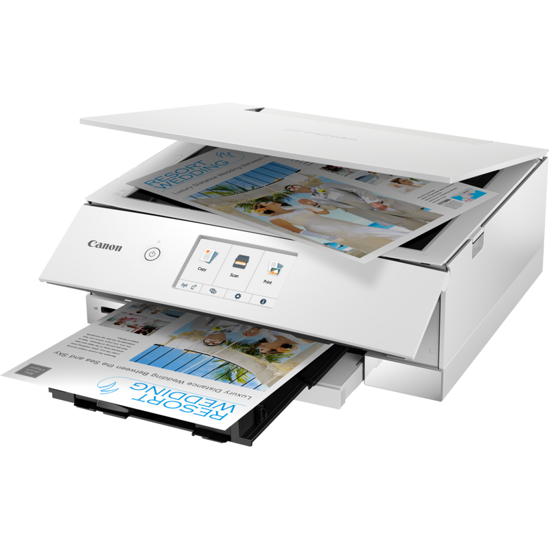 Canon PIXMA TS8351 Wireless Colour All in One Photo Printer, White Produkt Sett skrått forfra med papirskuff åpen