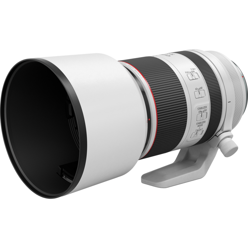 Canon RF 70-200mm F2.8L IS USM Lens Product Diagonal View with the Lens Hood and Tripod Mount