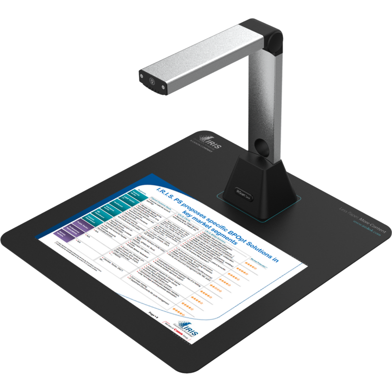 IRIScan Desk 5 Desktop Camera Scanner Product Front Left View with a paper on the tray