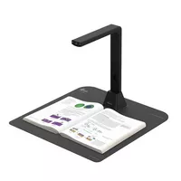 IRIScan Desk 5 Pro Desktop-Kamerascanner Produkt Vorderansicht von links mit einem Buch auf dem Einzug