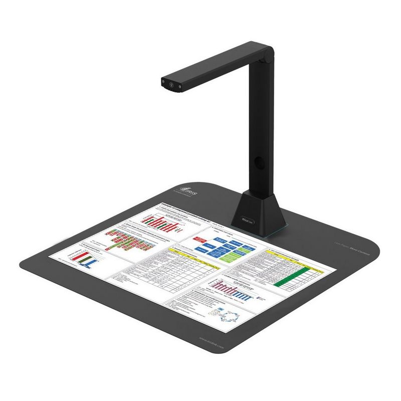 IRIScan Desk 5 Pro Desktop Camera Scanner Product Front Left View with a paper on the tray