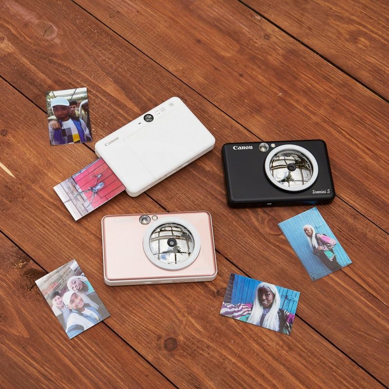 Canon Zoemini S Instant Camera Colour Photo Printer, Rose Gold Printer with Printouts on Desk