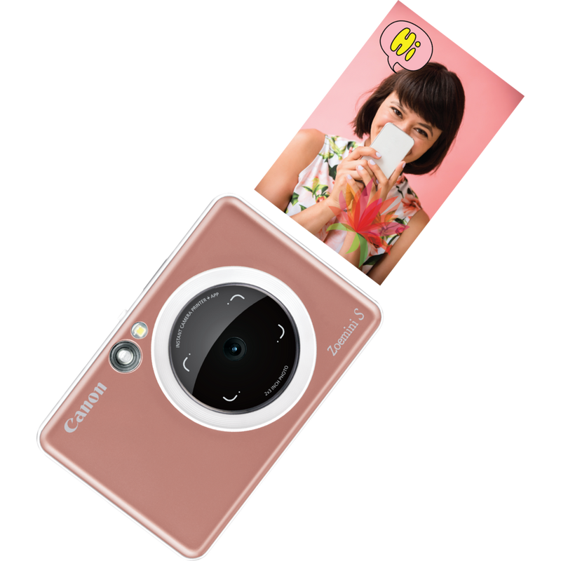 Canon Zoemini S Instant Camera Colour Photo Printer, Rose Gold Product Front view with Print Out