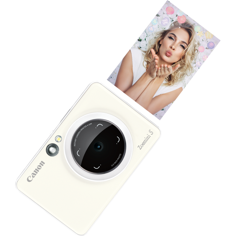 Imprimante photo couleur instantanée Canon Zoemini S, blanc perle + agenda + étui Produits Vue avant avec une copie