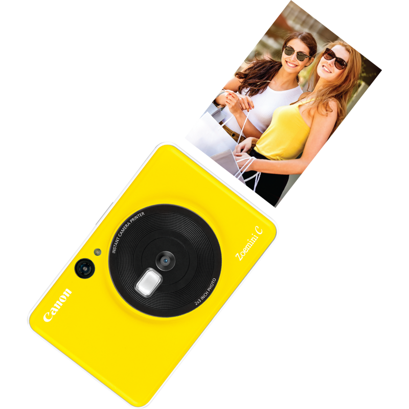Canon Zoemini C Instant Camera Colour Photo Printer, Bumblebee Yellow Product Front view with Print Out