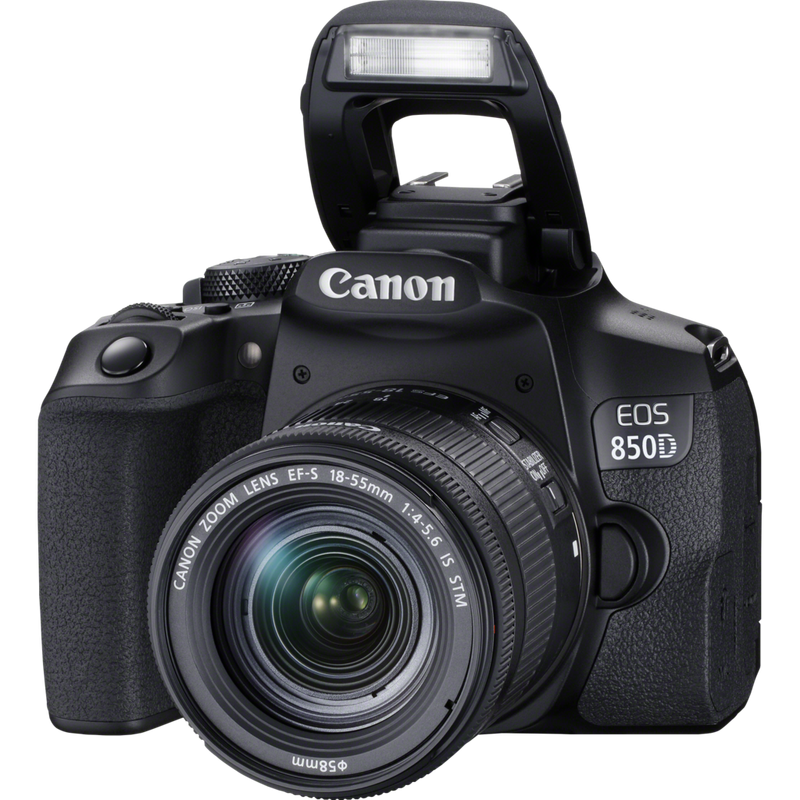 Boîtier Canon EOS 850D Produits Vue avant avec flash ouvert