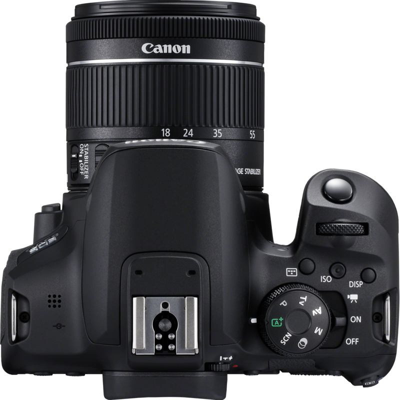 Canon EOS 850D + objetivo EF-S 18-55mm IS STM + mochila + tarjeta SD + batería de repuesto Producto Vista superior