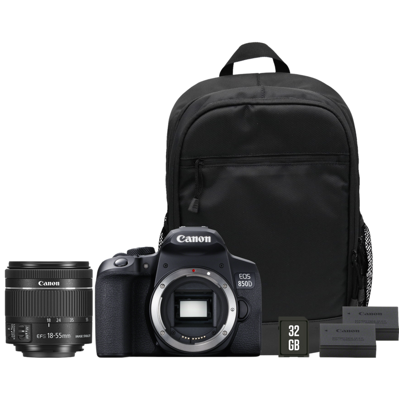 Canon EOS 850D Camera + EF-S 18-55mm IS STM Lens + Backpack + SD Card + Spare Battery