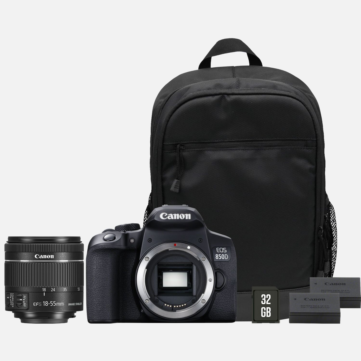 Fotocamera Canon EOS 850D + Obiettivo EF-S 18-55mm IS STM + Zaino + Scheda SD + Batteria di ricambio