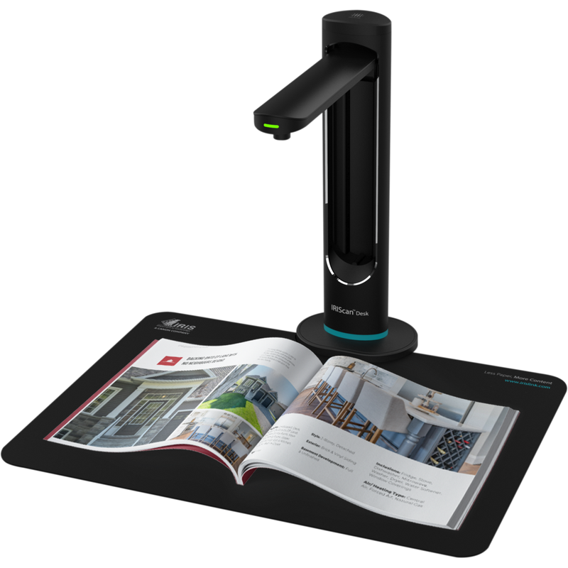 IRIScan Desk 6 Business A3 Document Scanner Produkt Sett forfra til venstre med en bok i skuffen