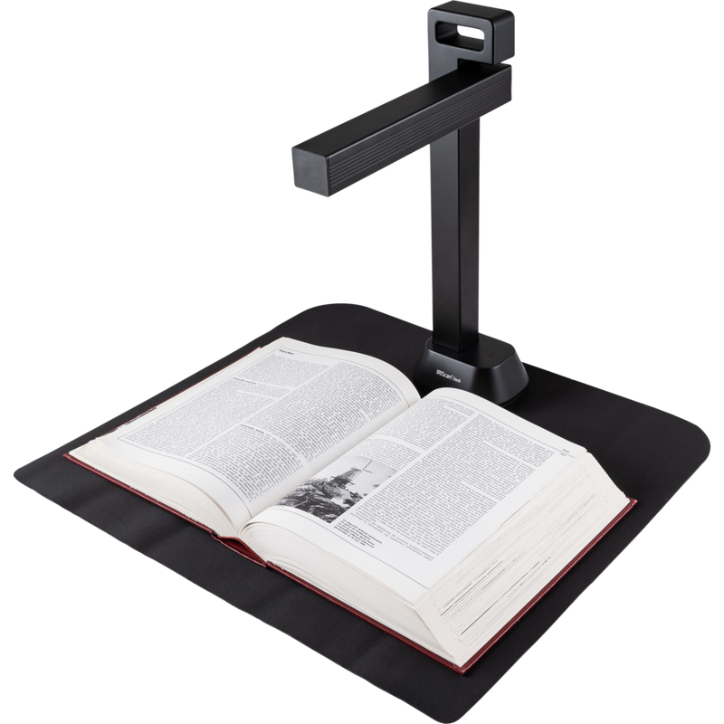 IRIScan Desk 6 Pro Document Scanner Product Front Left View with a book on the tray