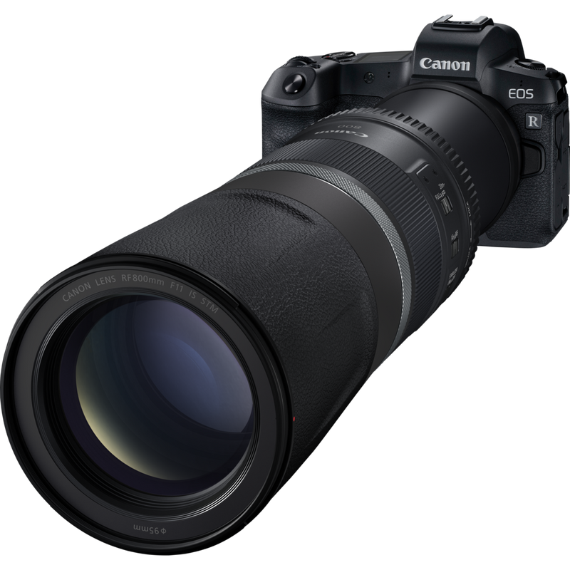 Objectif Canon RF 800mm F11 IS STM Produits Vue diagonale de l'objectif étendu avec un appareil photo