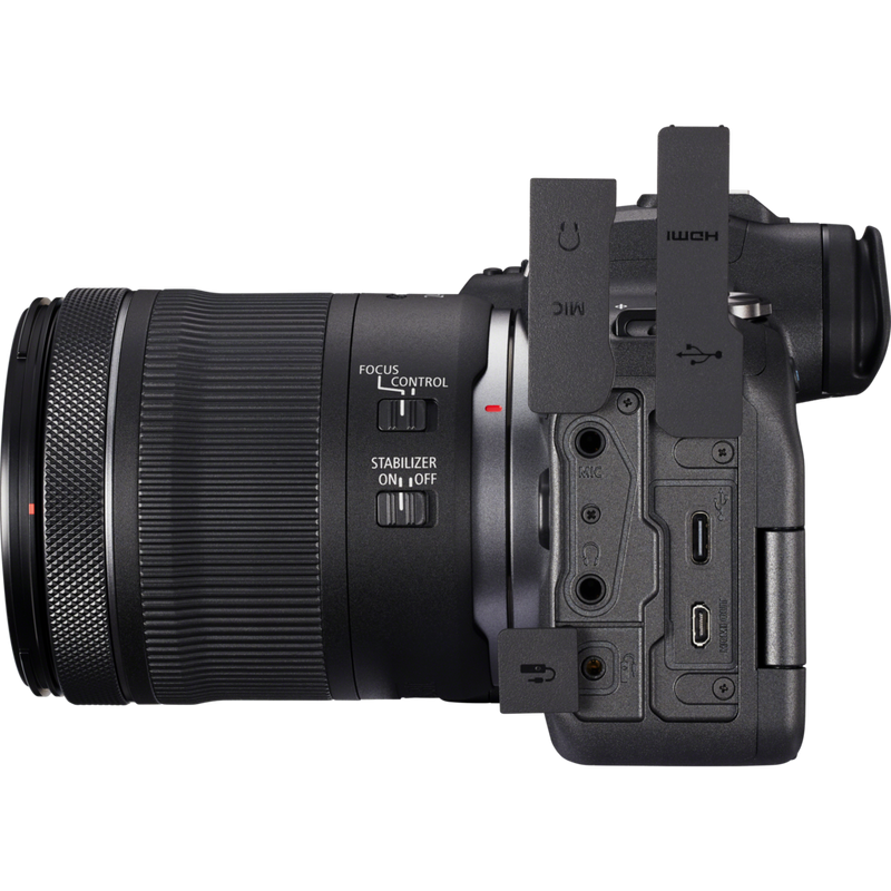 Canon EOS R6 Mirrorless Camera + RF 24-105mm F4-7.1 IS STM Lens Product Left View with the Terminal Covers Open