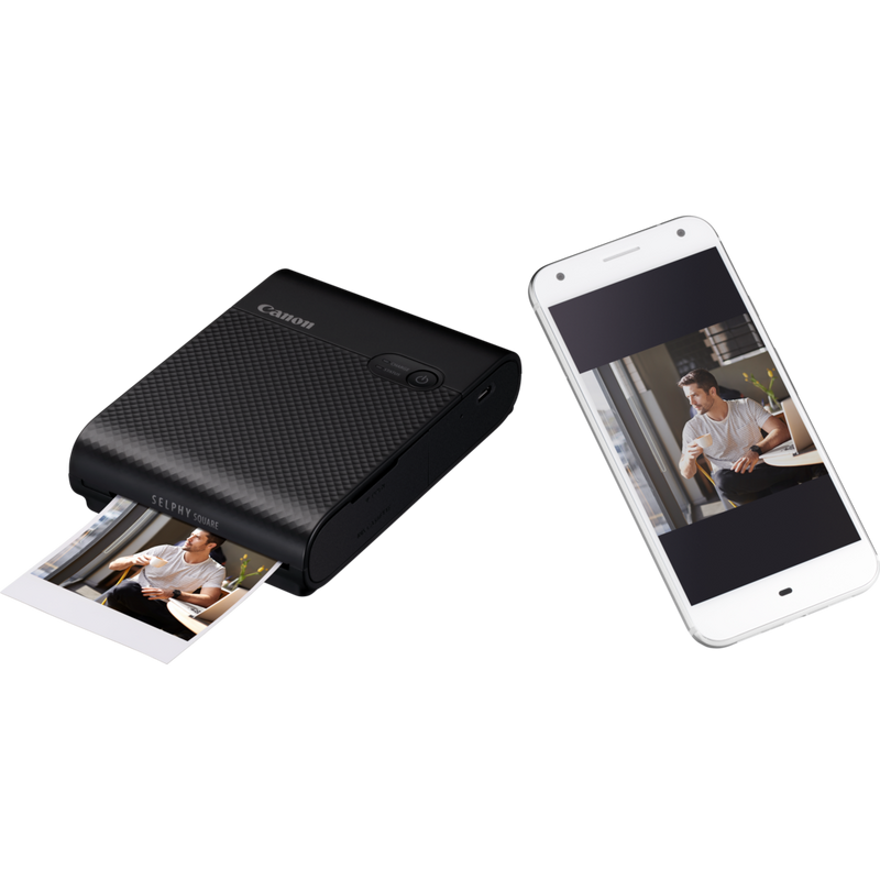 Canon SELPHY SQUARE QX10 Portable Colour Photo Wireless Printer, Black Product Product with phone and and photos