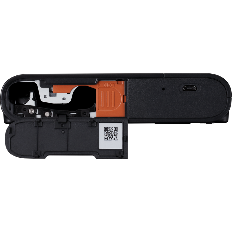 Kit premium de impresora fotográfica inalámbrica SELPHY SQUARE QX10 de Canon, en negro Producto Vista inferior con un botón abierto