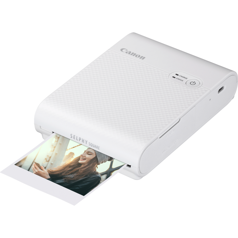 Canon SELPHY SQUARE QX10 Portable Colour Photo Wireless Printer, White Product Front view with Print Out