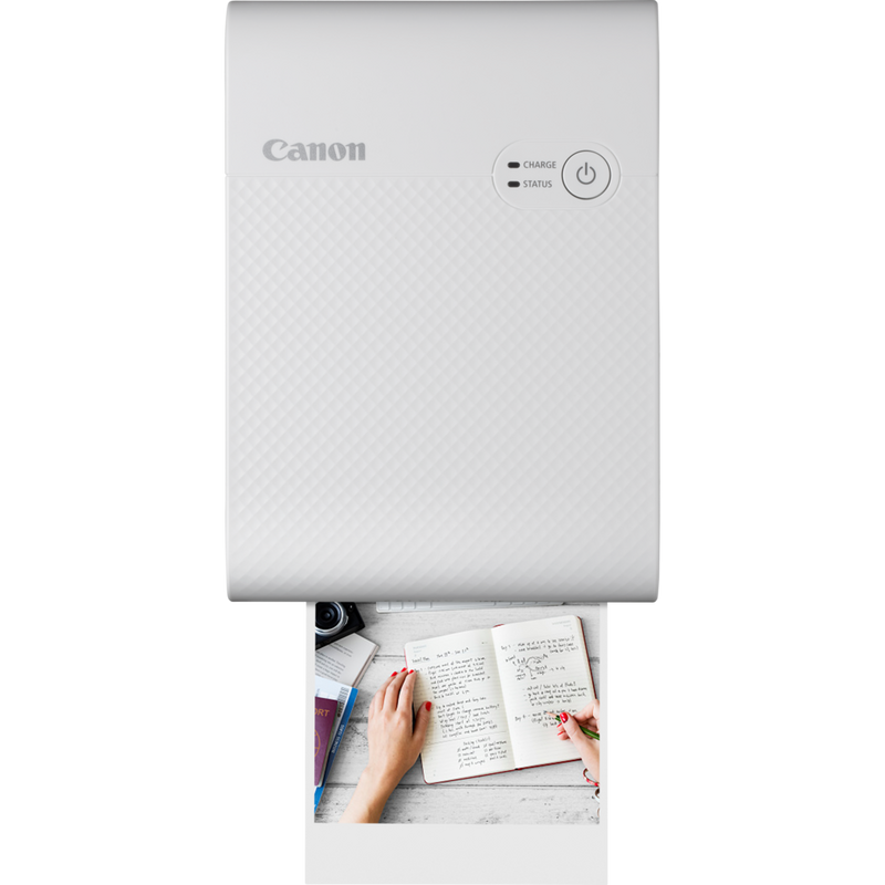 Canon SELPHY SQUARE QX10 Portable Colour Photo Wireless Printer, White Product Front view with Print Out