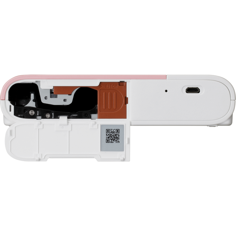 Impresora fotográfica inalámbrica Canon SELPHY SQUARE QX10, en color rosa Producto Vista inferior con un botón abierto