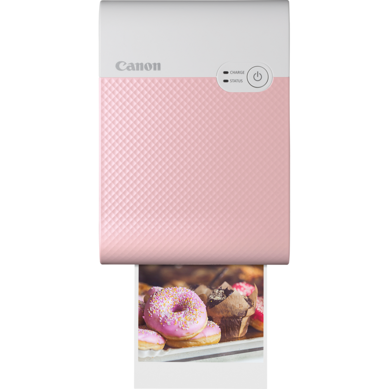 Impresora fotográfica inalámbrica Canon SELPHY SQUARE QX10, en color rosa Producto Vista frontal con una impresión