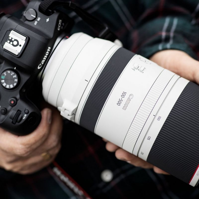 Objectif Canon RF 100-500mm F4.5-7.1L IS USM Une main tenant un appareil photo