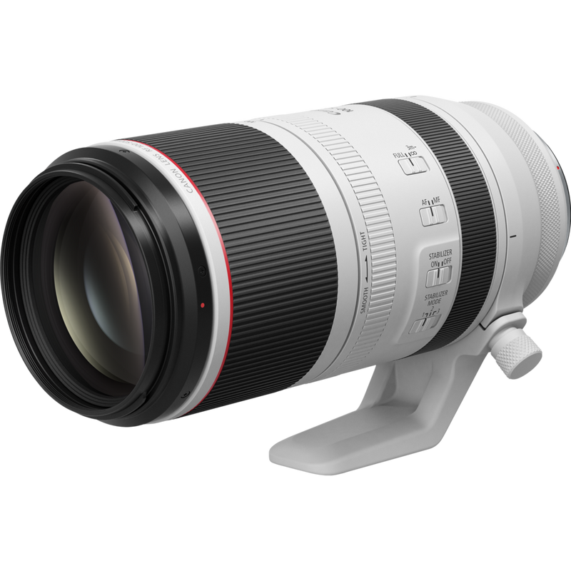 Objectif Canon RF 100-500mm F4.5-7.1L IS USM Produits Vue diagonale avec la fixation pour trépied
