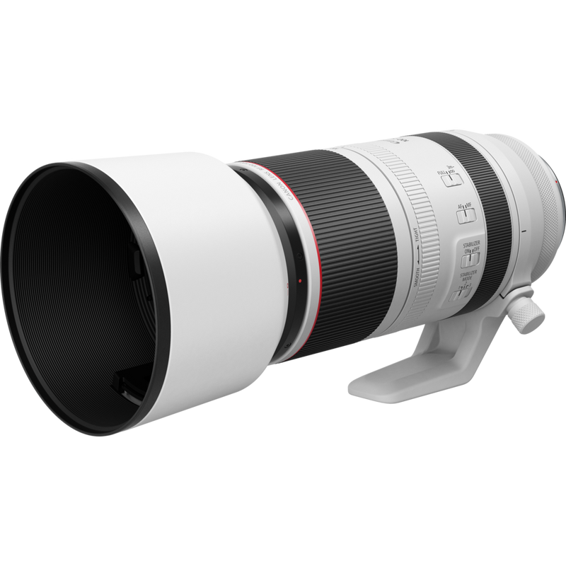 Objectif Canon RF 100-500mm F4.5-7.1L IS USM Produits Vue diagonale avec le pare-soleil et la fixation pour trépied