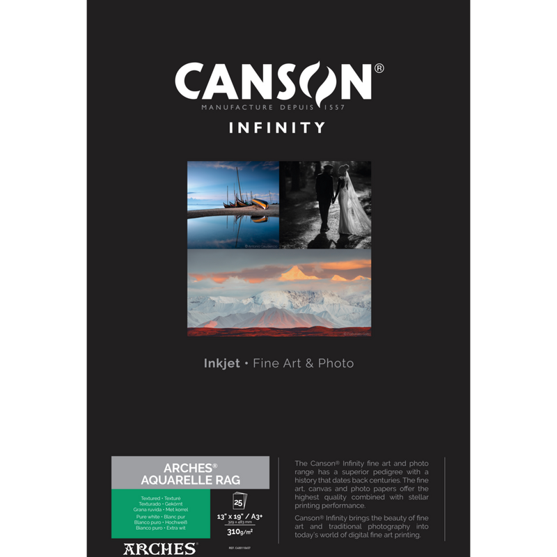 Canson ARCHES Aquarelle Rag (Pure White) 310 gsm, A3 Plus, 25 Sheets