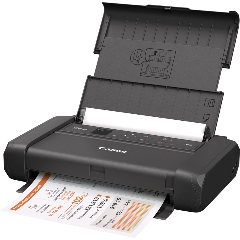 Canon PIXMA TR150 Portable Inkjet Printer with Battery Product Front Slant View With Paper Tray Out