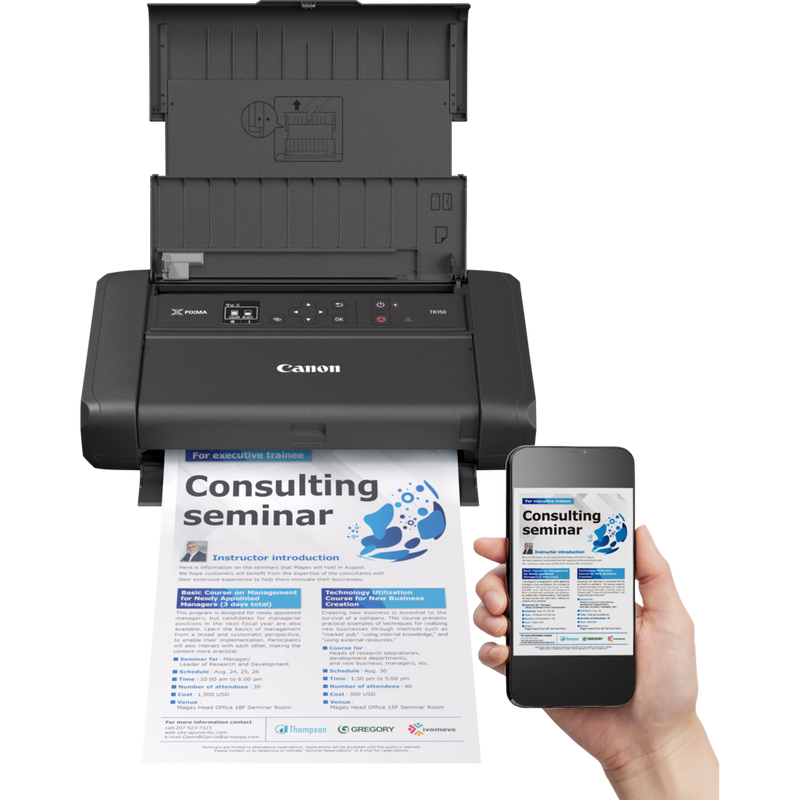 Canon PIXMA TR150 Portable Inkjet Printer with Battery Product Front View With A Person Printing From a Smartphone