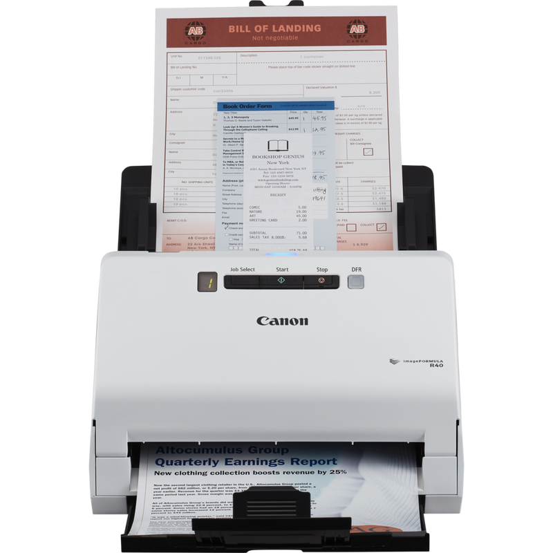 Canon imageFORMULA R40 Desktop Scanner Product Front View with documents in the tray