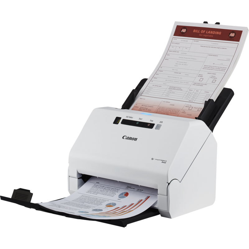 Canon imageFORMULA R40 Desktop Scanner Product Front Left View with documents in tray