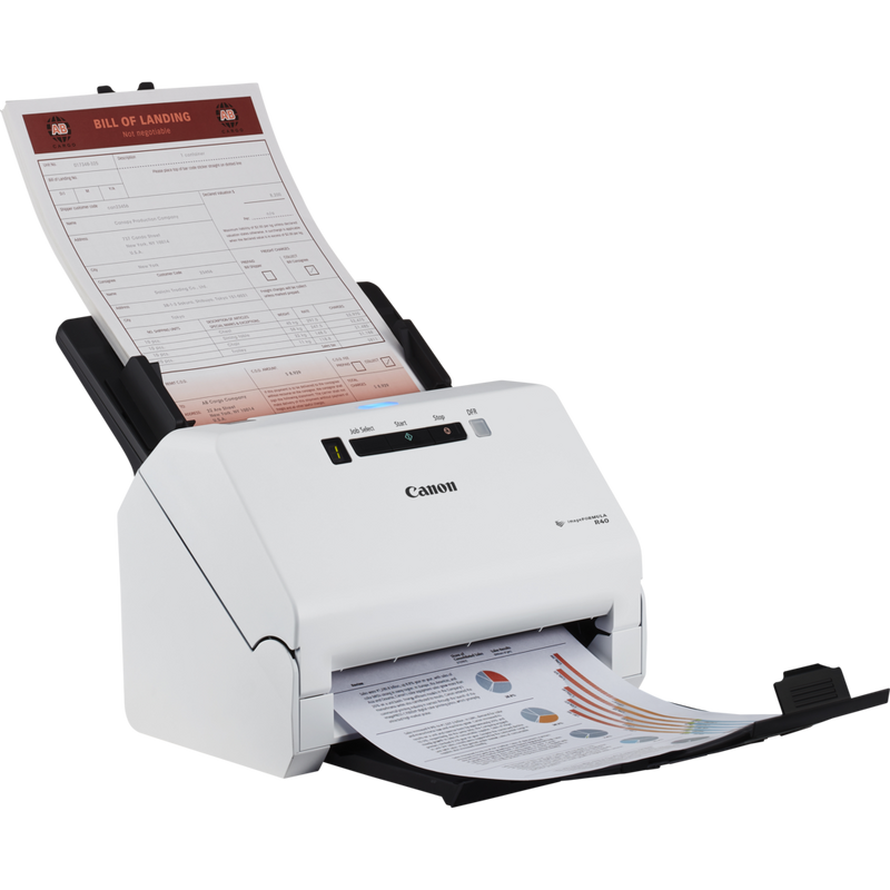 Canon imageFORMULA R40 Desktop Scanner Product Front Right View with documents in tray