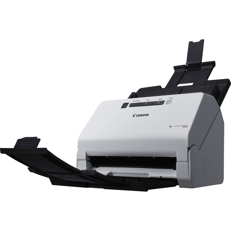 Canon imageFORMULA R40 Desktop Scanner Product Front Left View with trays open