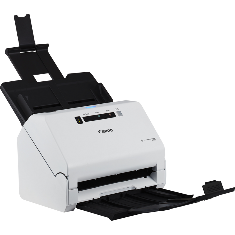 Canon imageFORMULA R40 Desktop Scanner Product Front Right View with trays open