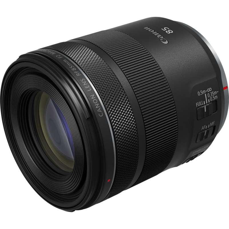 Canon RF 85mm F2 Macro IS STM Objektiv Produkt Diagonale Ansicht