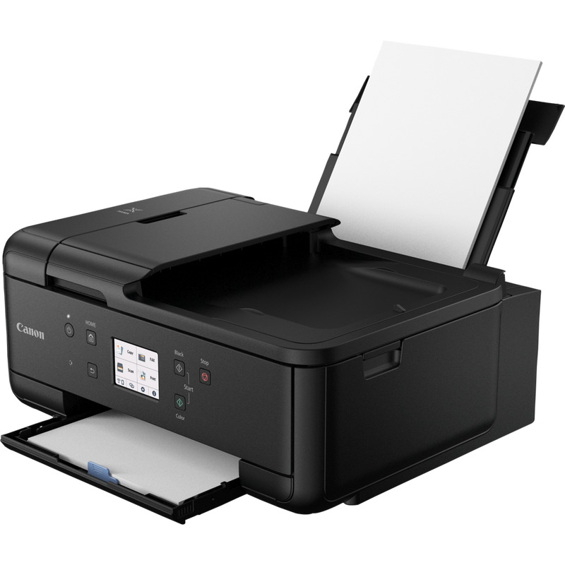 Imprimante jet d'encre multifonction PIXMA TR7650 Vue avant inclinée avec papier sur le bac à papier