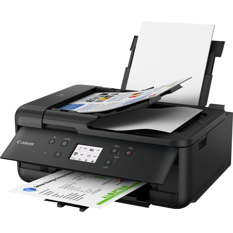 Imprimante jet d'encre multifonction PIXMA TR7650 Vue avant inclinée avec tirages